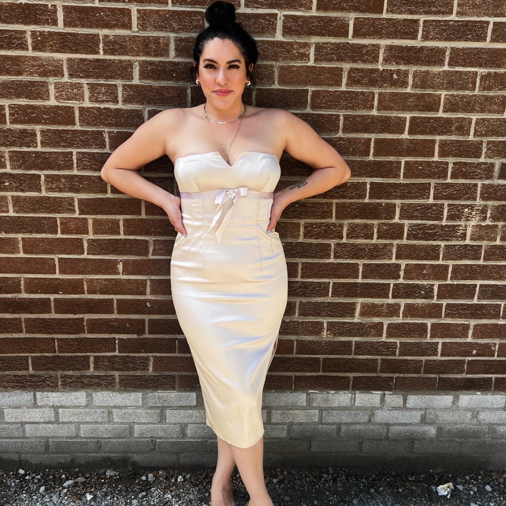 Real Vintage. Tags On. 90’s Strapless, corset style, slim fit dress By D.U.S.K